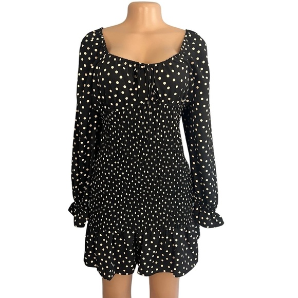 Express Long Sleeve Smocked Black Polka Dot Dress - Picture 1 of 12